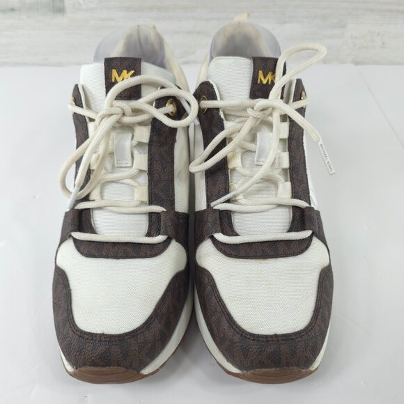 MK MICHAEL KORS WOMEN'S SIZE 9 M WHITE BROWN SNEAKERS LOGO LS22B LACE UP LOW TOP - Picture 4 of 16